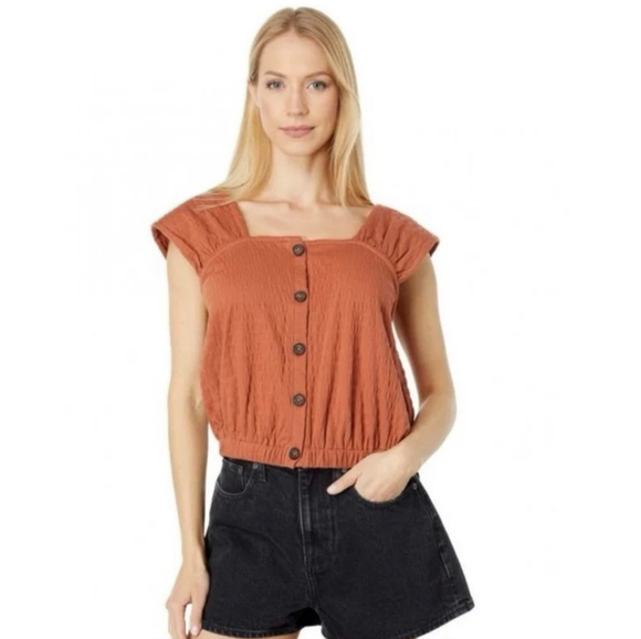 EUC Madewell Crinkle Knit Button Front Cotton Blend Top in Afterglow Red, Size S - Picture 1 of 10